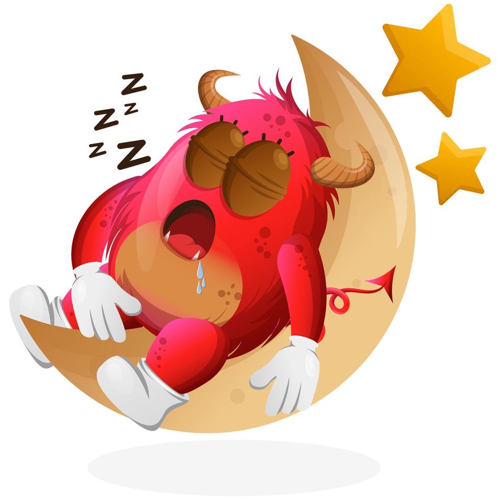 Vector Cute red monster sleeping, sleeping on the moon