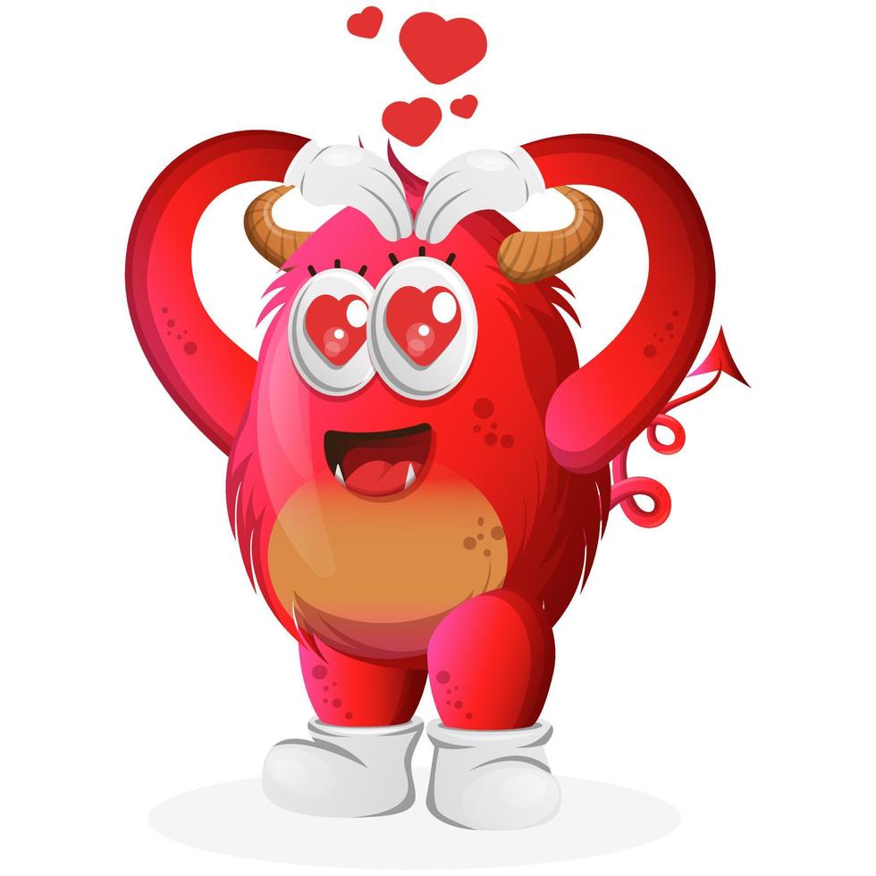 Vector Cute red monster with love heart sign hand