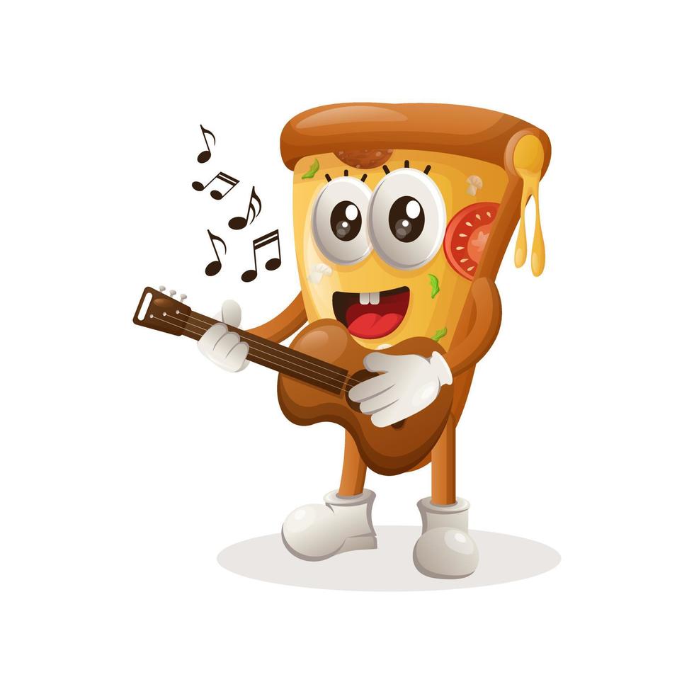 Cute pizza mascot playing guitar vector