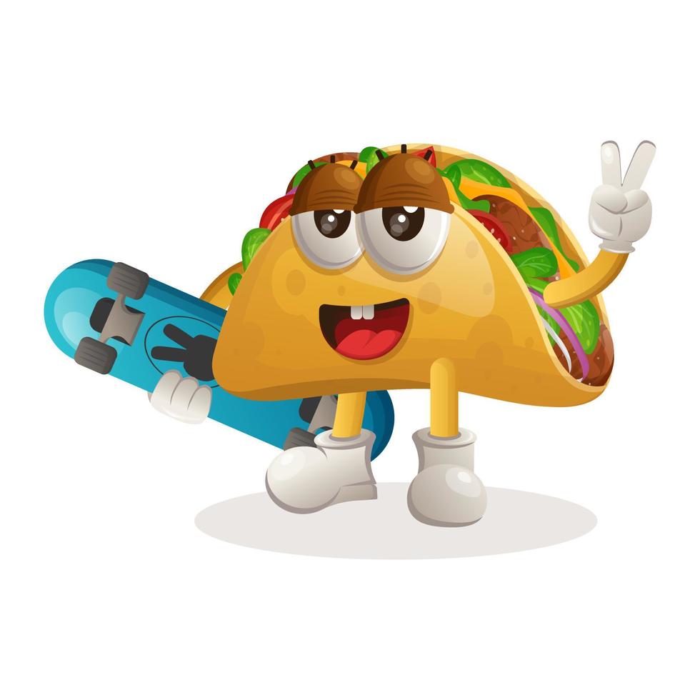 Cute taco mascot carrying a skateboard vector