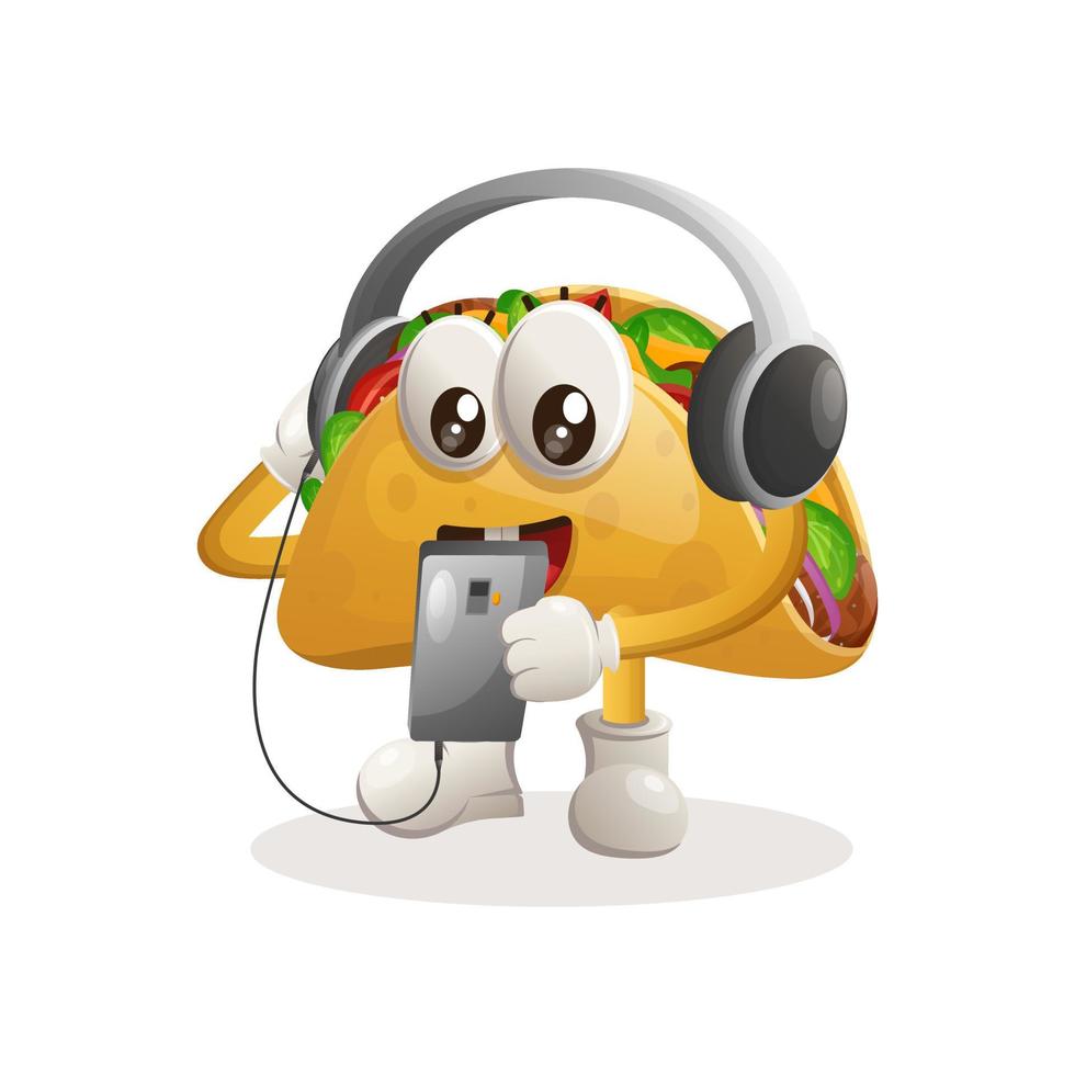 lindo taco mascota escuchando música en un teléfono inteligente usando un auricular vector