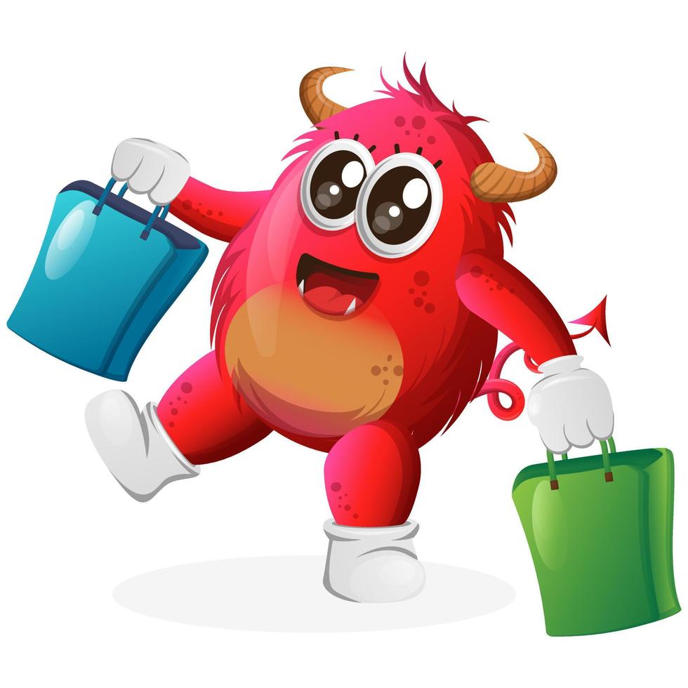 Vector Cute red monster happy shopping
