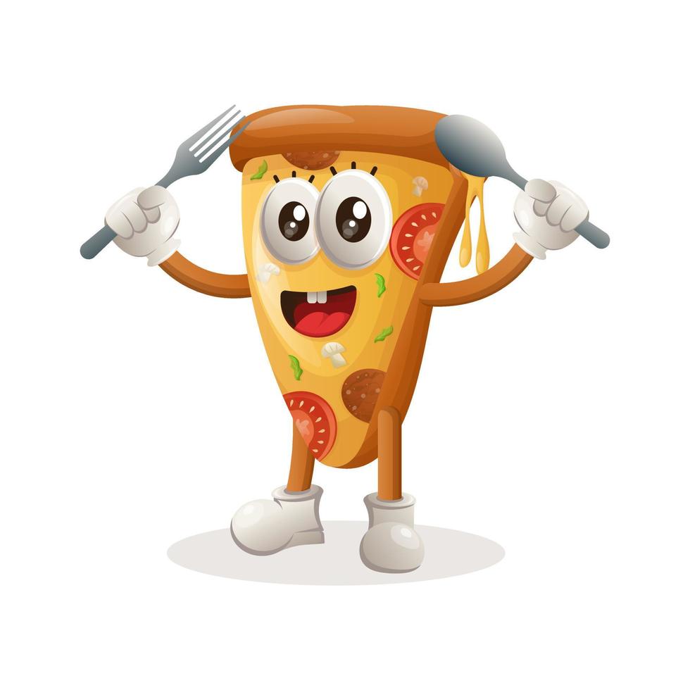 Cute pizza mascot holding spoon and fork vector