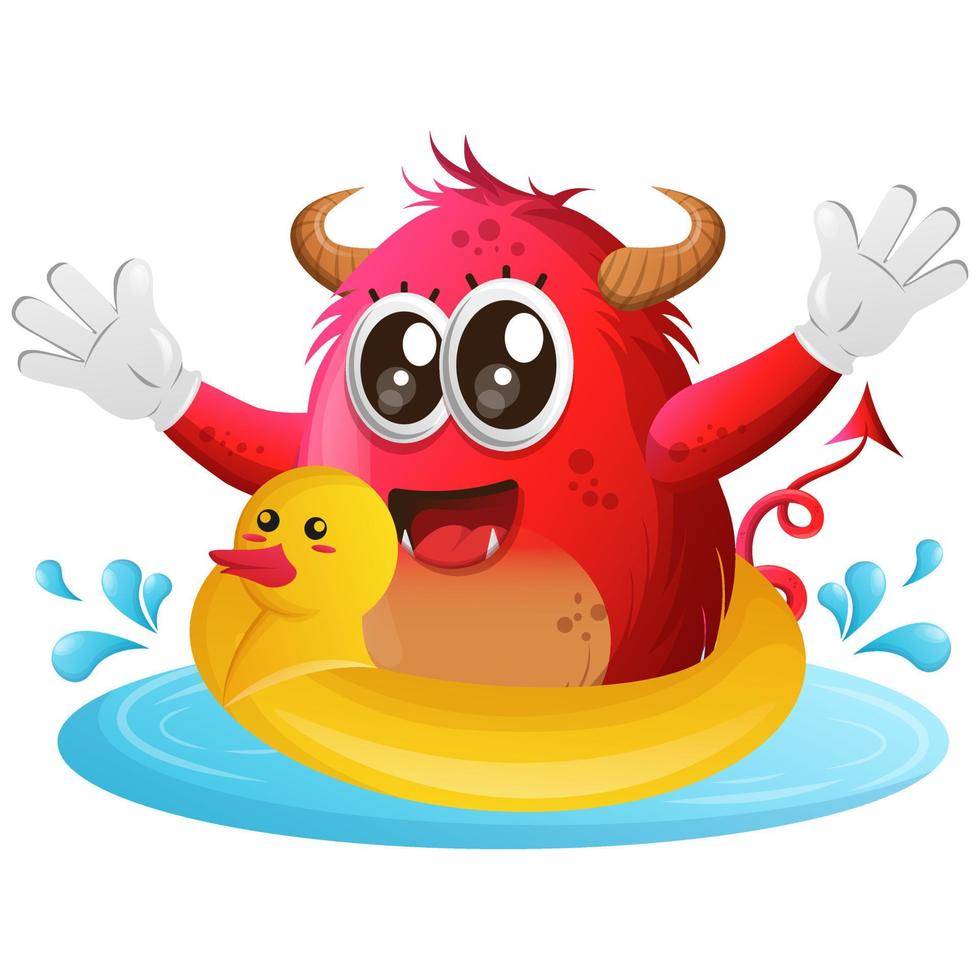 Vector Cute red monster swimming with wearing rubber duck tube