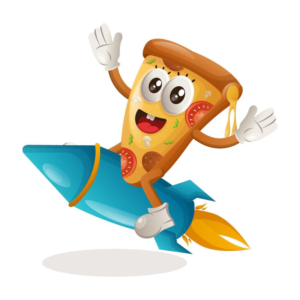 linda mascota de pizza volando en cohete vector