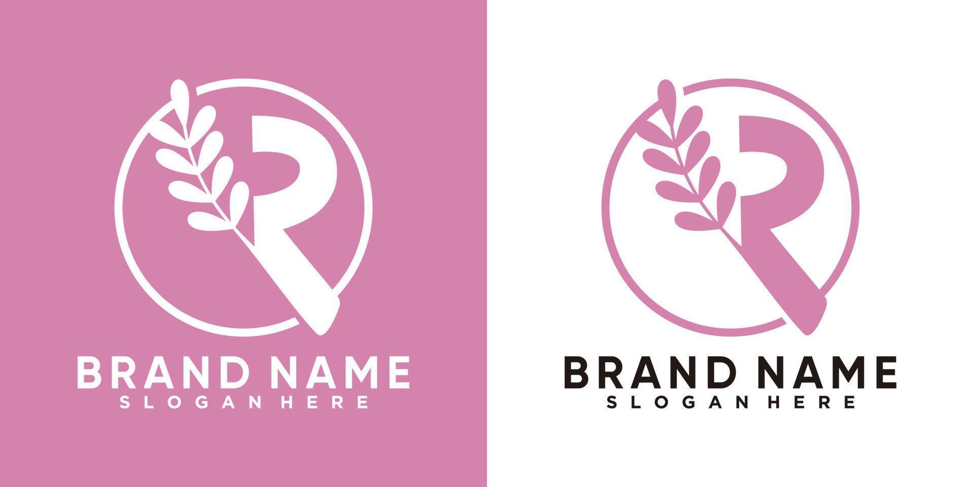 latter r and leaf logo design with line art and creative concept vector