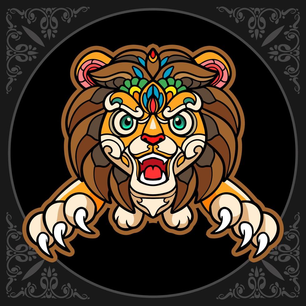 Colorful lion mandala arts isolated on black background vector