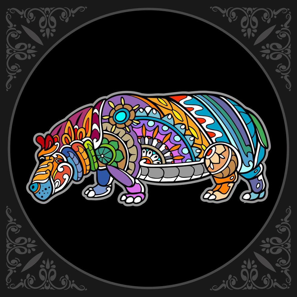 Colorful Hippopotamus mandala arts isolated on black background vector