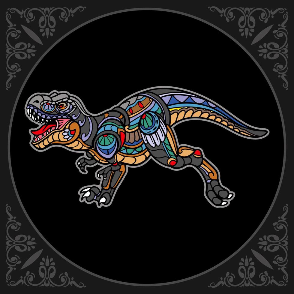 colorido tiranosaurio rex mandala artes aislado sobre fondo negro vector