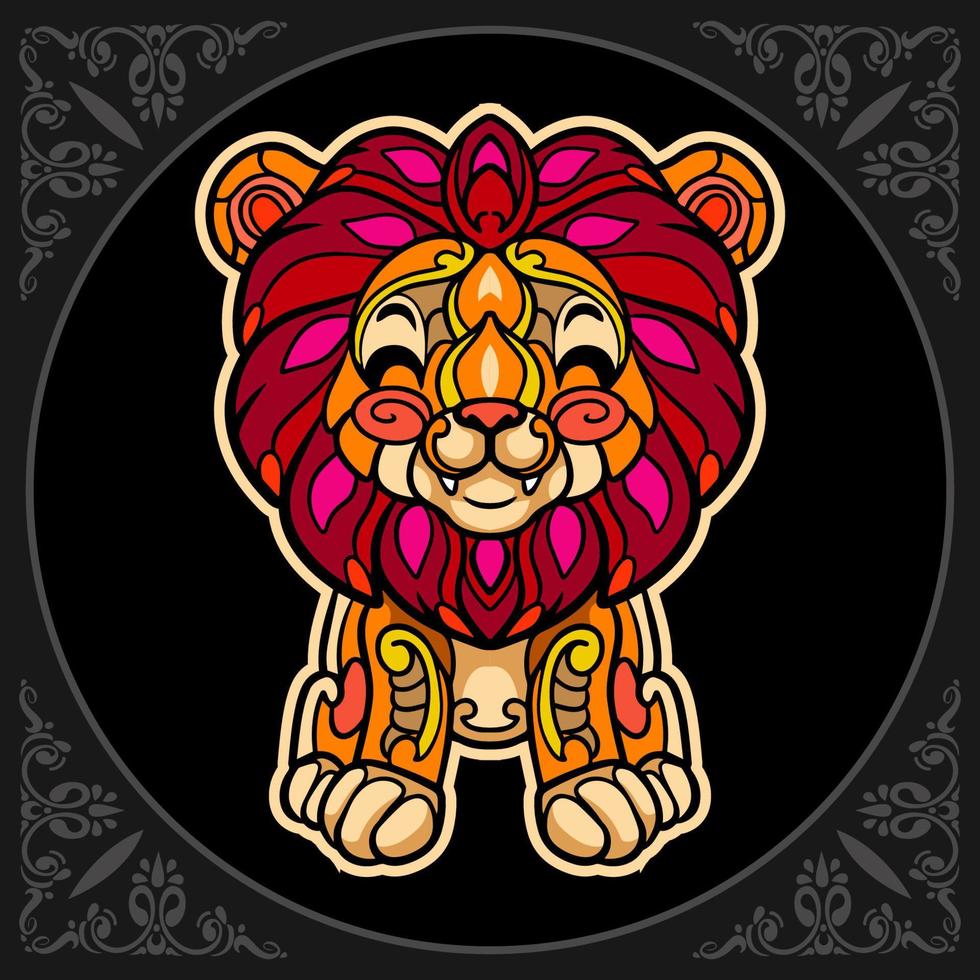 León colorido mandala artes aislado sobre fondo negro vector