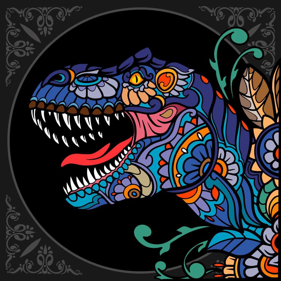 colorido tiranosaurio rex mandala artes aislado sobre fondo negro vector