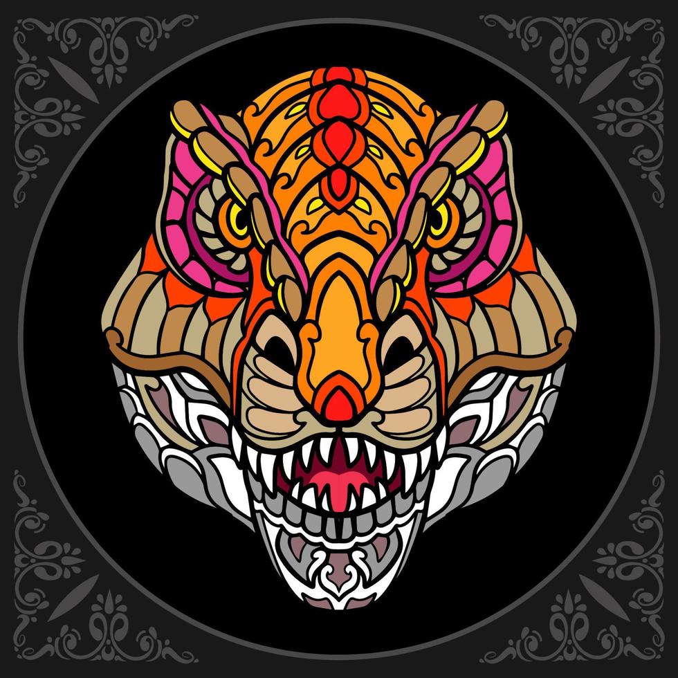 colorido tiranosaurio rex mandala artes aislado sobre fondo negro vector