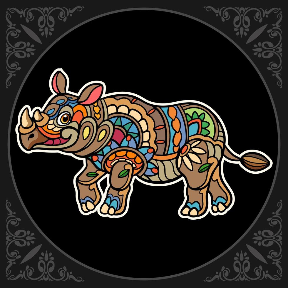 Colorido mandala de rinoceronte artes aislado sobre fondo negro vector