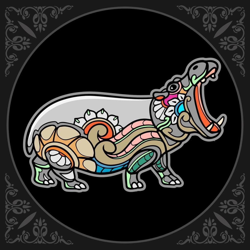 Colorful Hippopotamus mandala arts isolated on black background vector