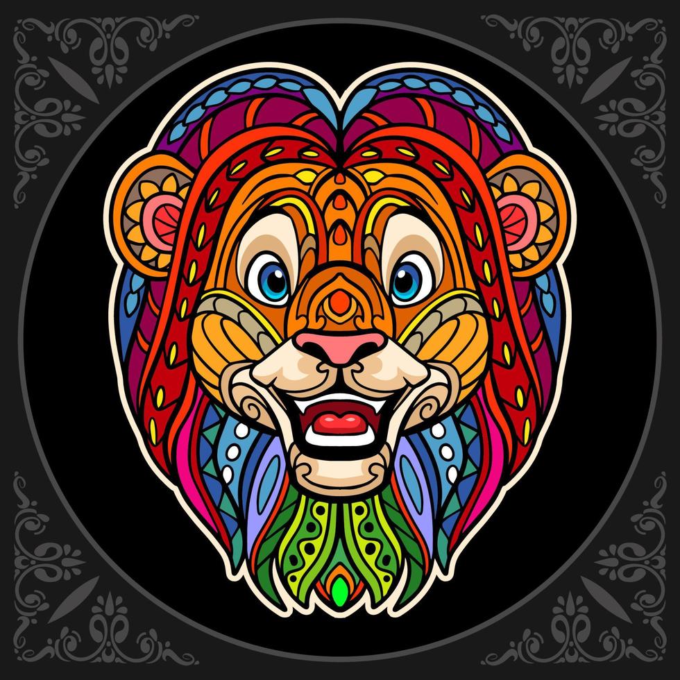 León colorido mandala artes aislado sobre fondo negro vector