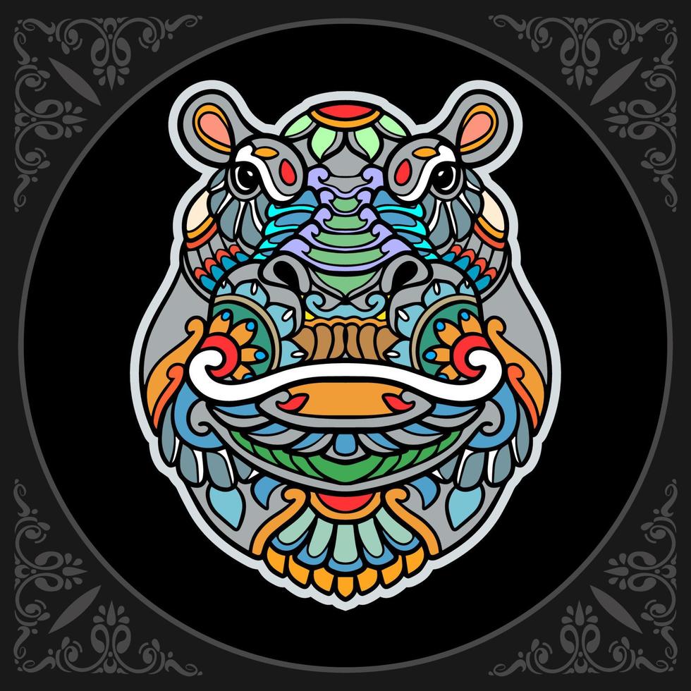 Colorful Hippopotamus mandala arts isolated on black background vector