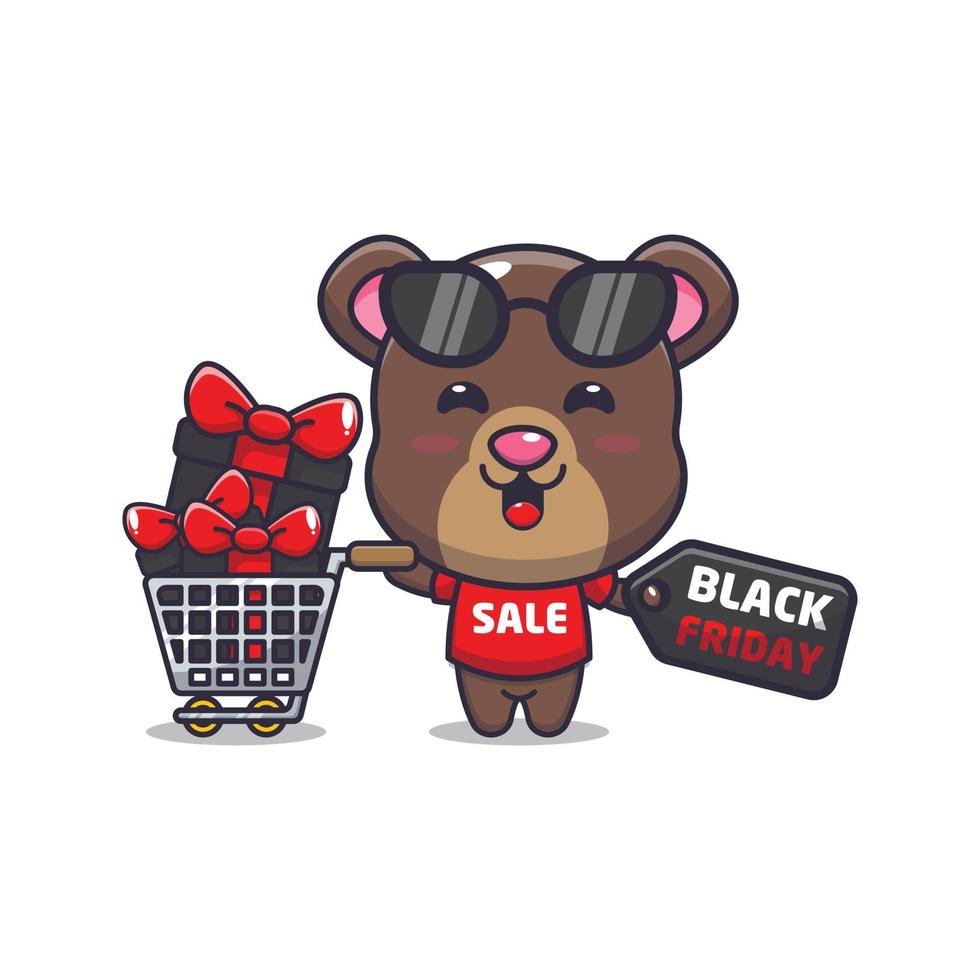 cute bear in black friday cartoon illustration vector