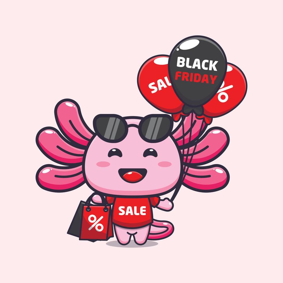 cute axolotl in black friday cartoon illustration vector