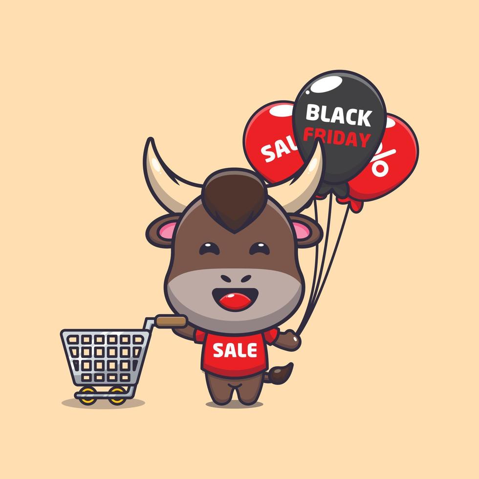 cute bull in black friday cartoon illustration vector