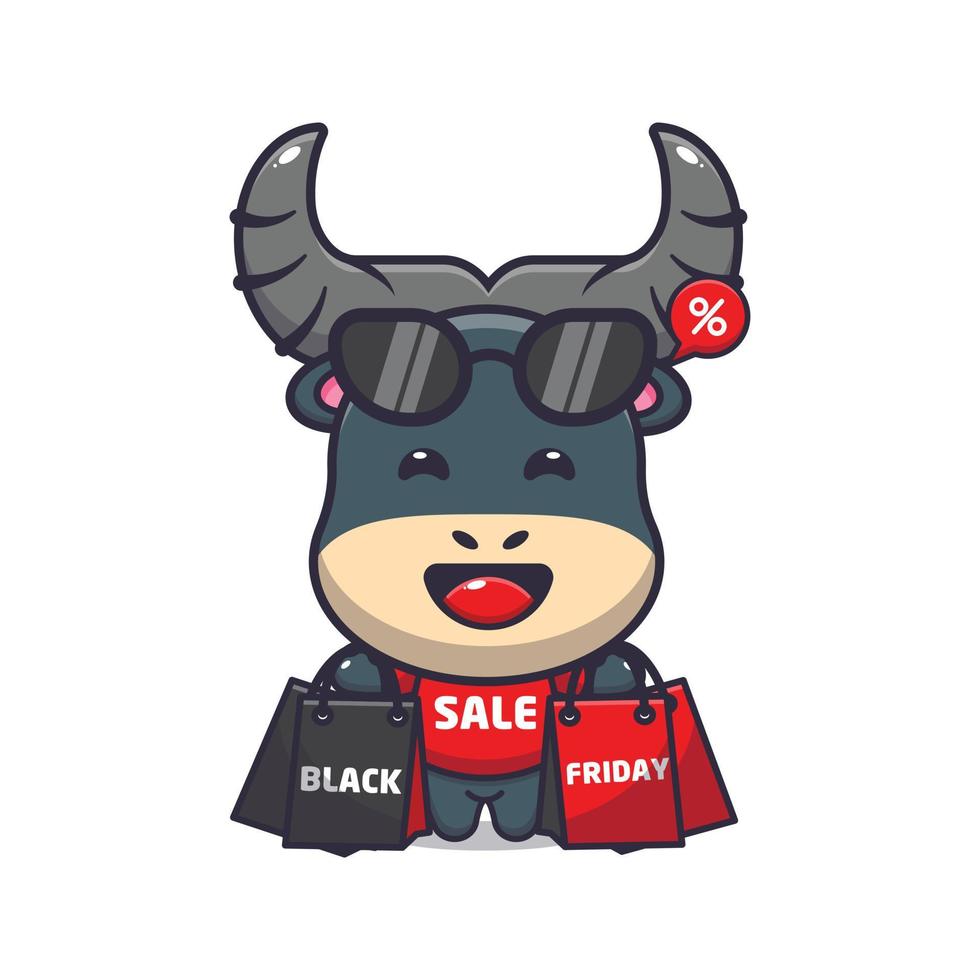 cute buffalo in black friday cartoon illustration vector