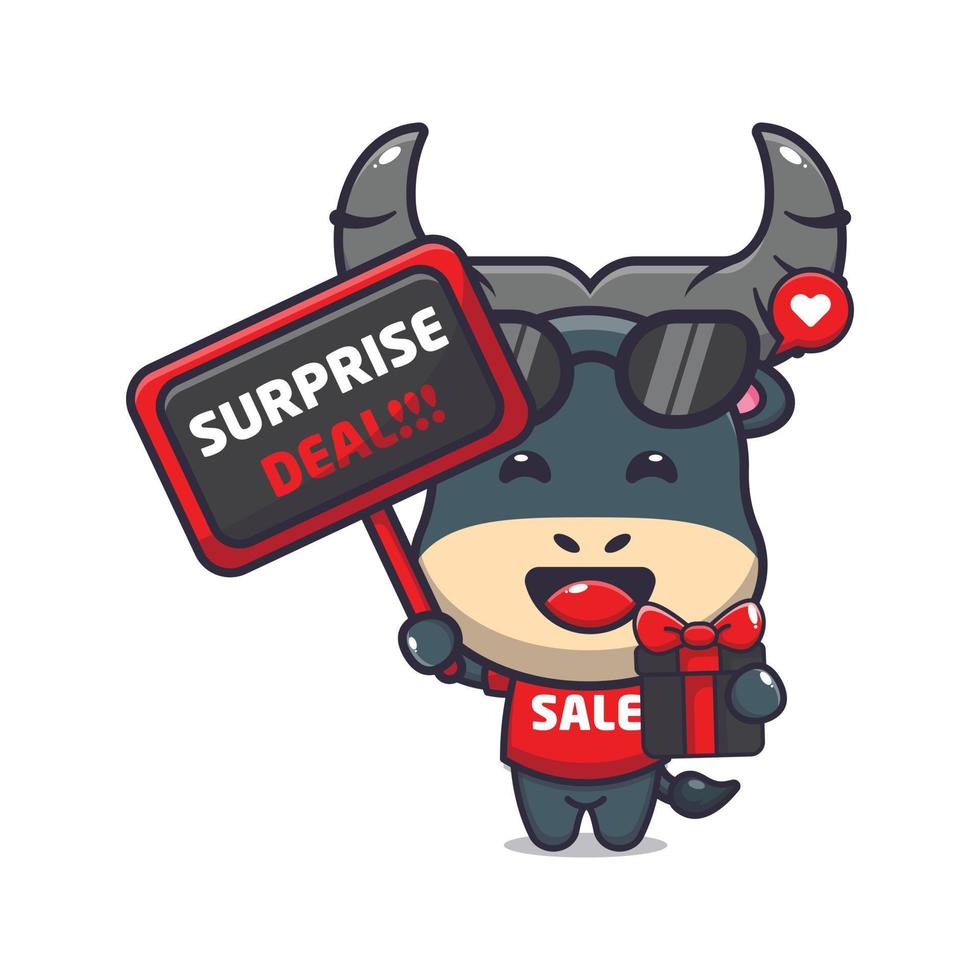 cute buffalo in black friday cartoon illustration vector