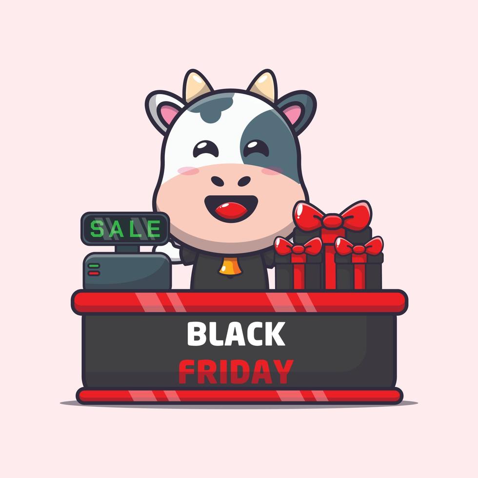 cute cow in black friday cartoon illustration vector