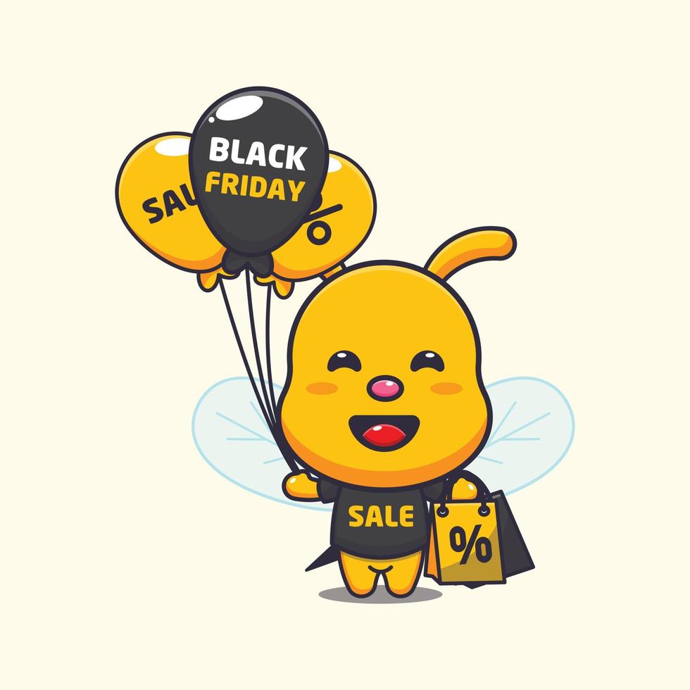 cute bee in black friday cartoon illustration vector