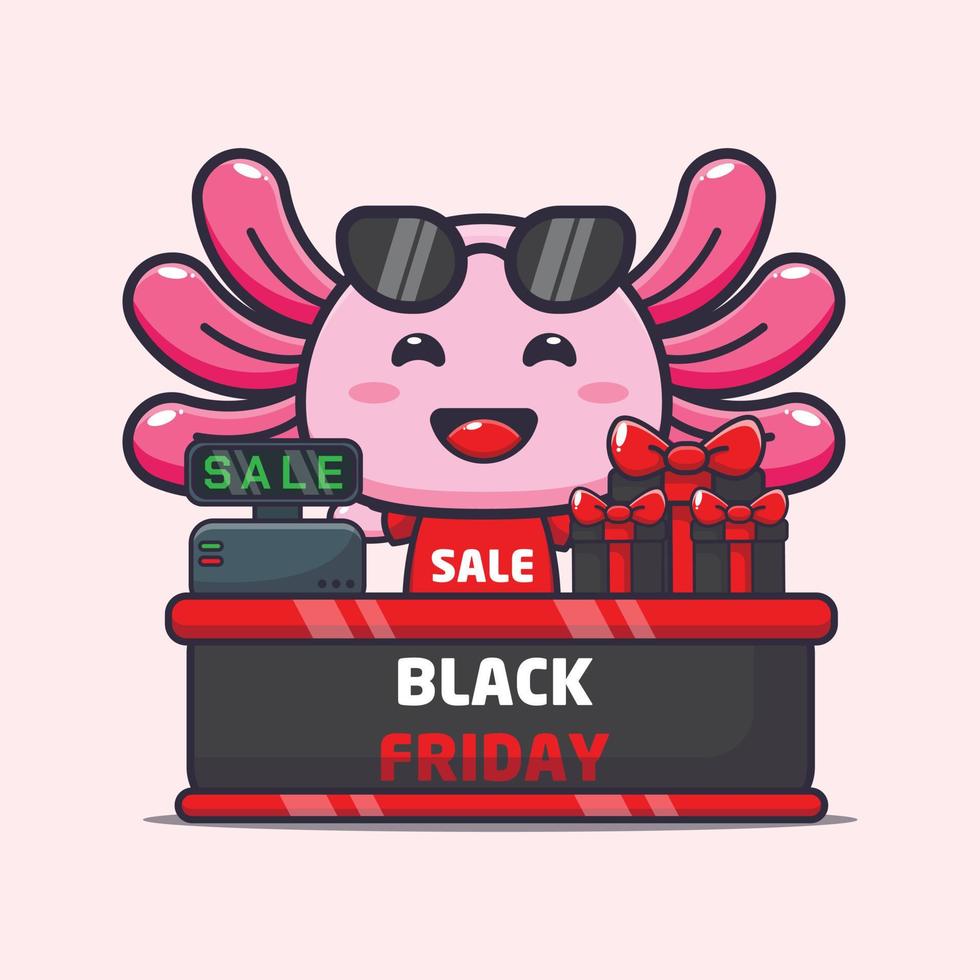 cute axolotl in black friday cartoon illustration vector