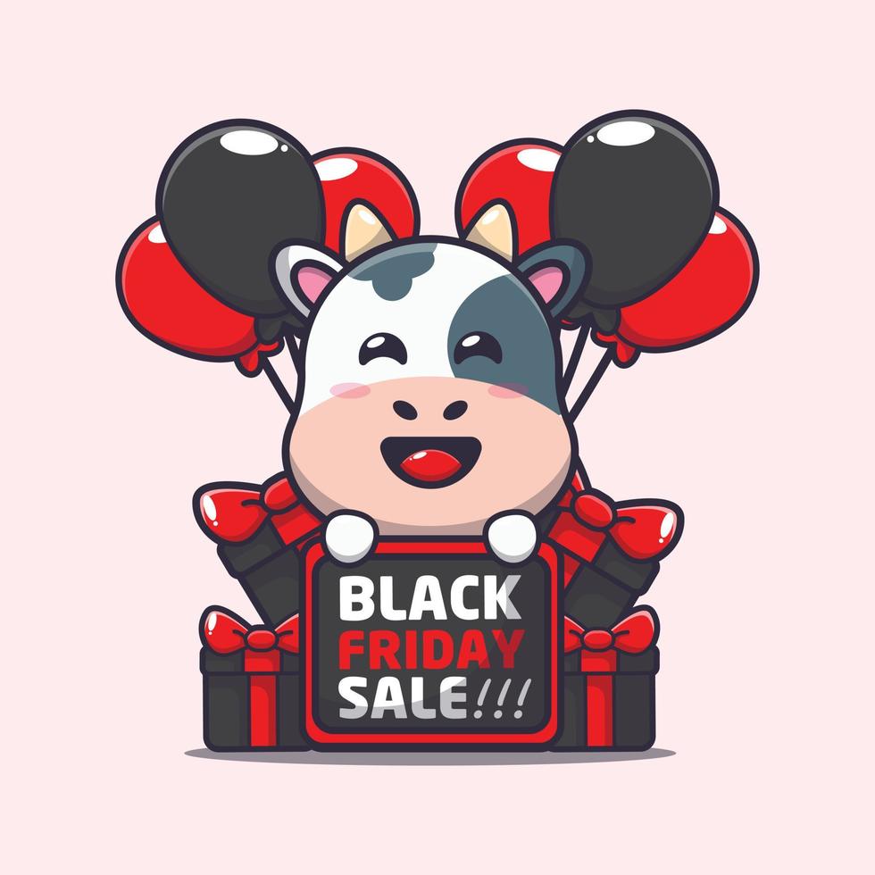 cute cow in black friday cartoon illustration vector