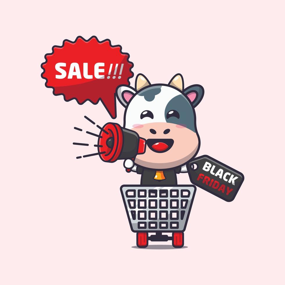 cute cow in black friday cartoon illustration vector