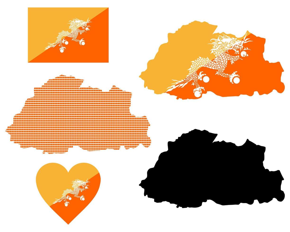 mapa y bandera del símbolo de Bután en un fondo blanco vector