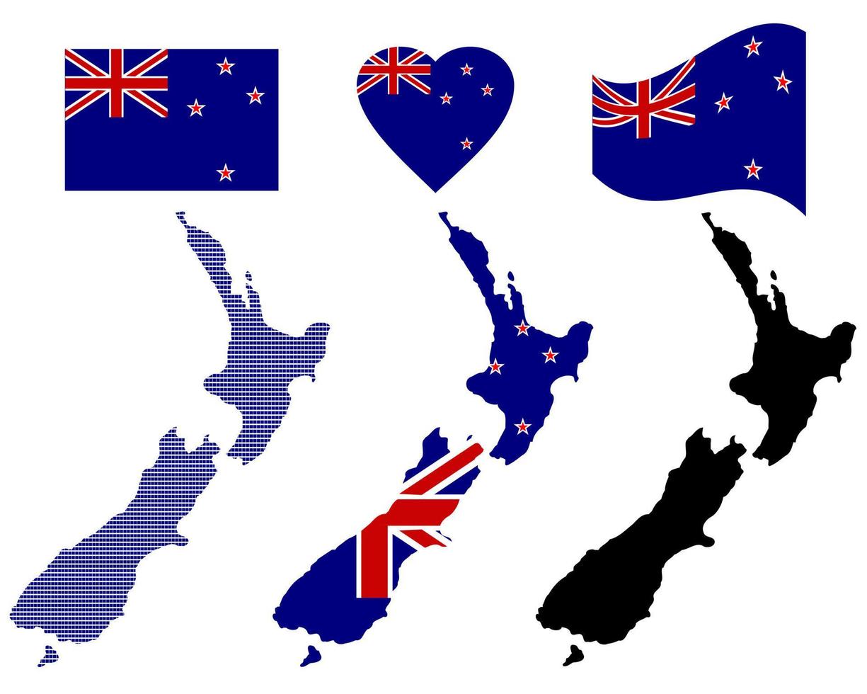 mapa, bandera, y, símbolo, de, nueva zelanda, en, un, fondo blanco vector