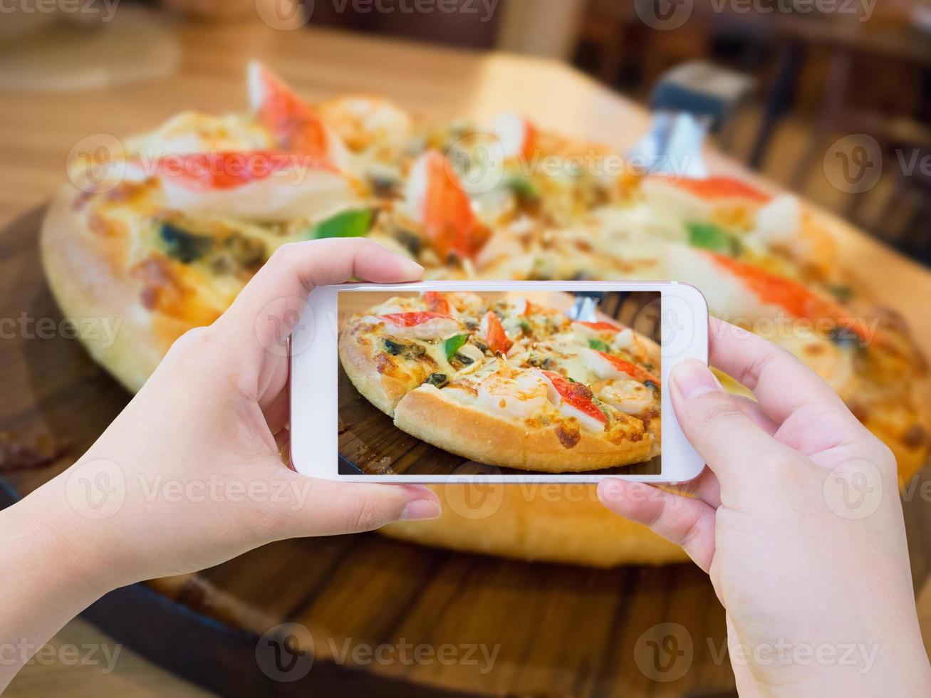 woman taking photo of Pizza with mobile smartphone