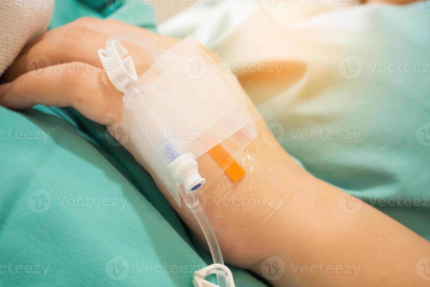 Asian woman patient hand on IV drip with saline solution, fluid replacement therapy photo