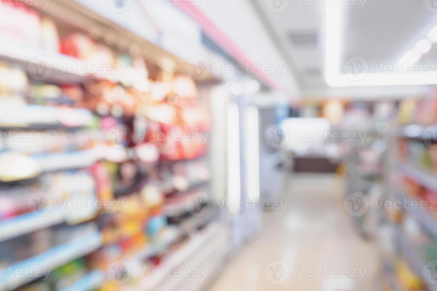 blur refrigerator of food and dairy products shelves in supermarket convenience store background photo