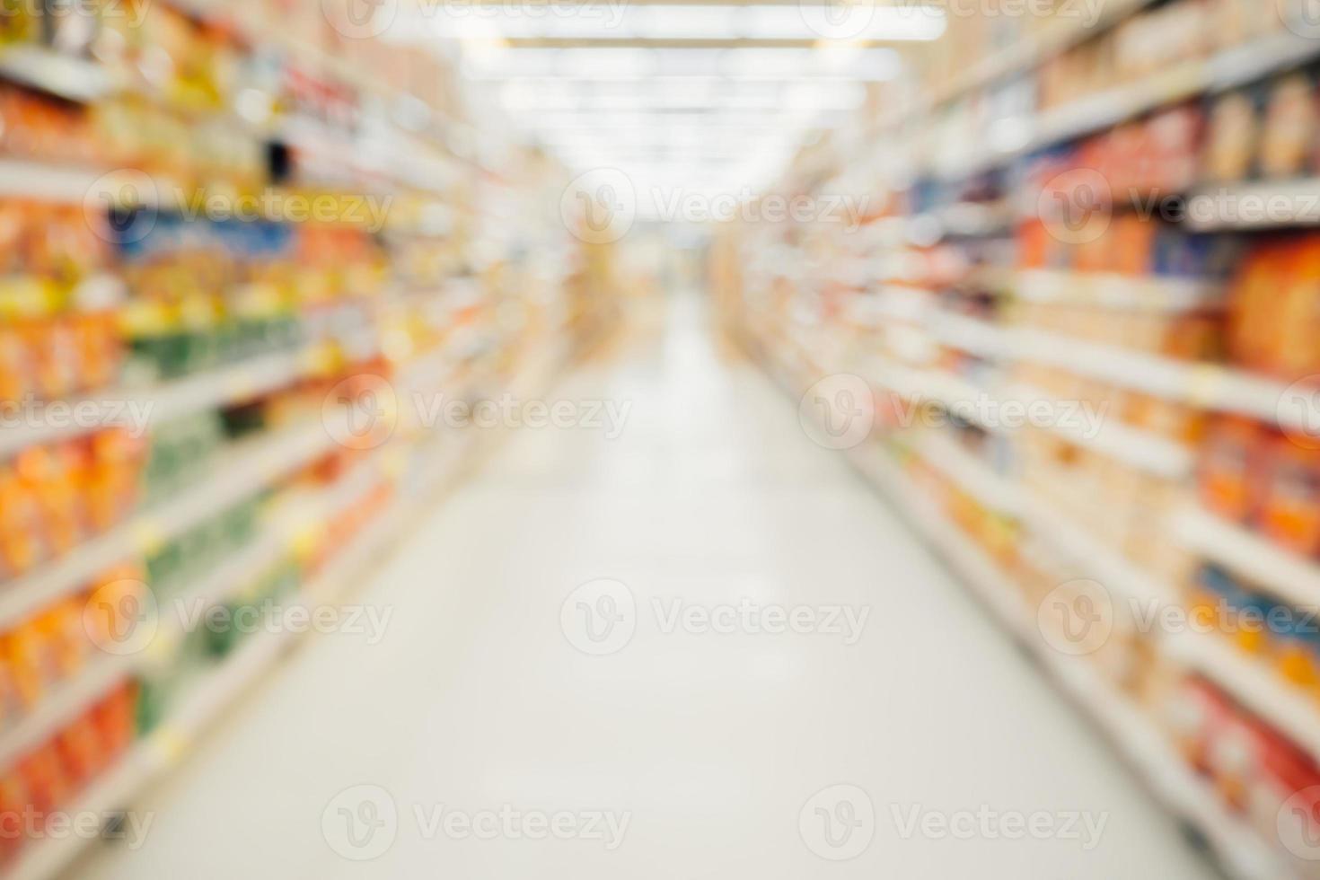 Supermarket aisle with product shelves abstract blur defocused background photo