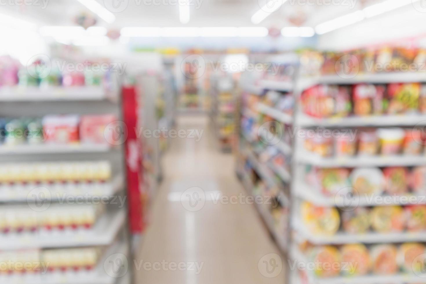 desenfoque abstracto supermercado tienda de conveniencia pasillo y estantes de productos interior fondo desenfocado foto