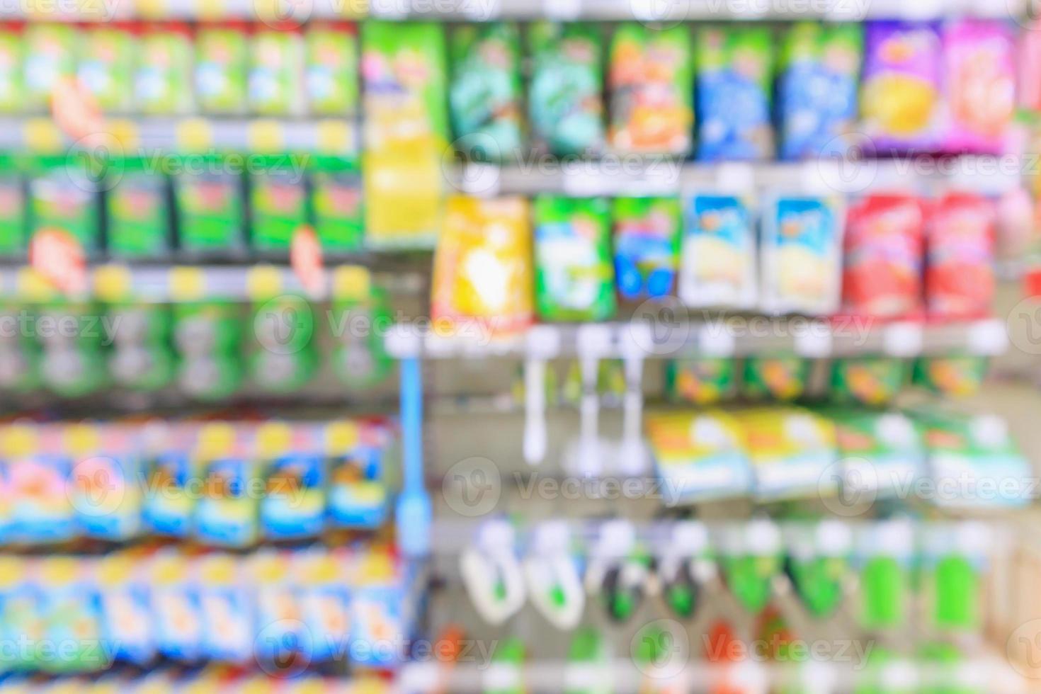 Abstract blur supermarket discount store product shelves interior defocused background photo