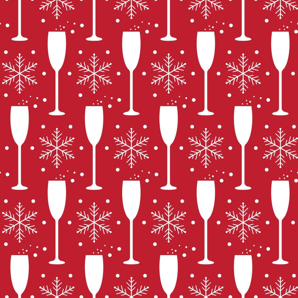 Christmas and new year seamless pattern with champagne glasses and snowflakes on red background. vector