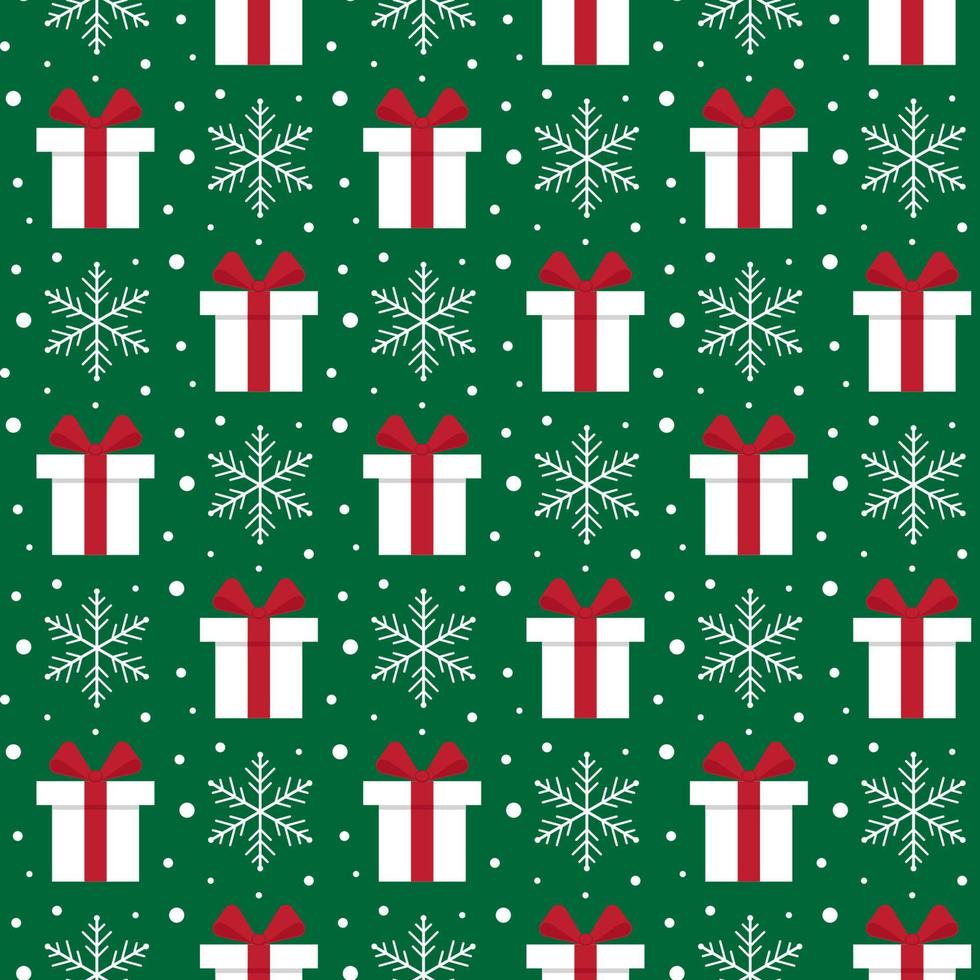 Christmas and new year seamless pattern with gift boxes and snowflakes on green background. vector