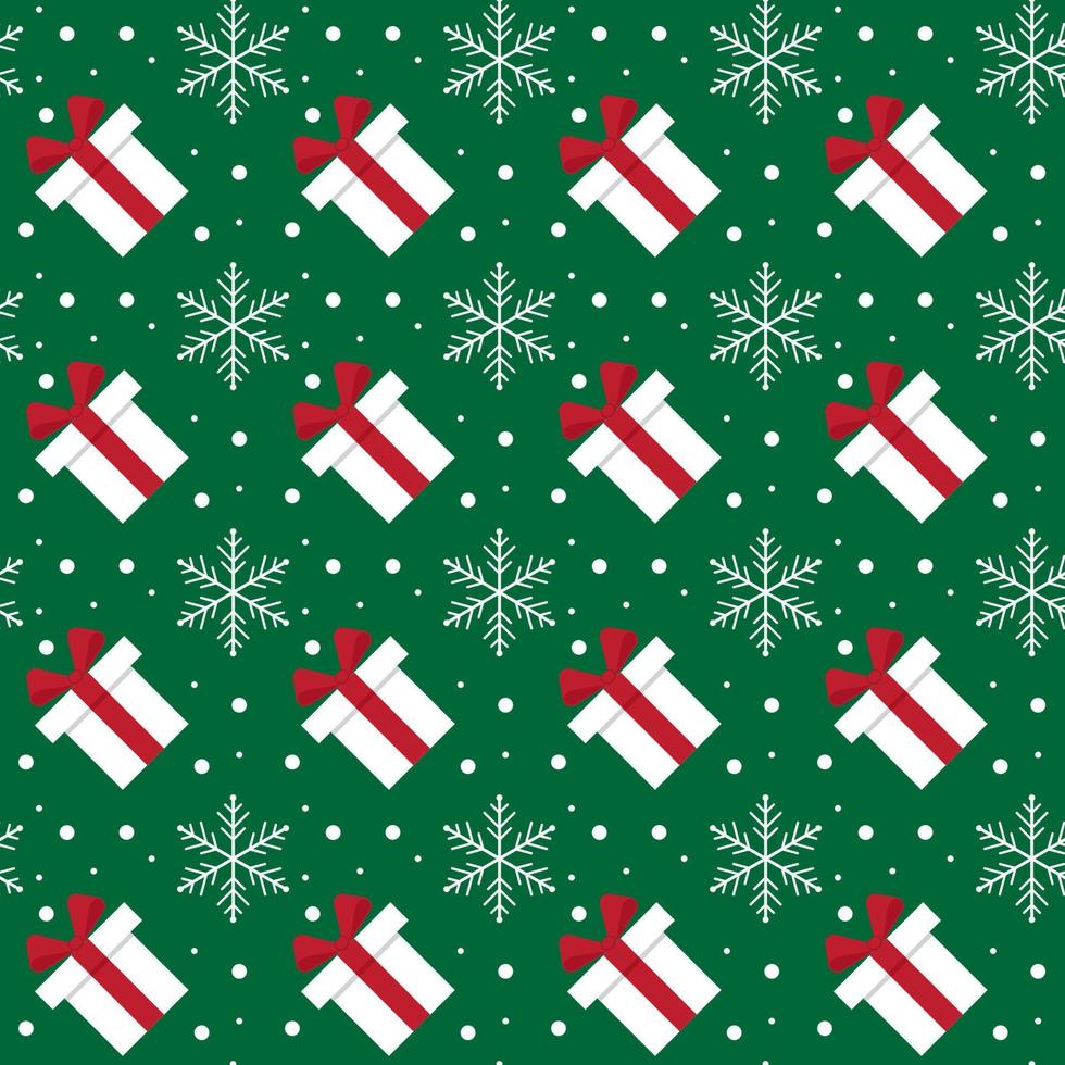 Christmas and new year seamless pattern with gift boxes and snowflakes on green background vector