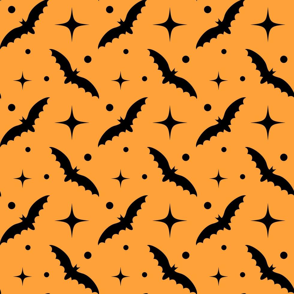 Halloween seamless pattern with black bats and retro stars on orange background. For wrapping paper, fabric print, greeting cards design vector