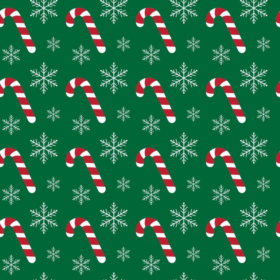 Christmas seamless pattern with candy canes and snowflakes on green background. For wrapping paper, fabric print, greeting cards design vector