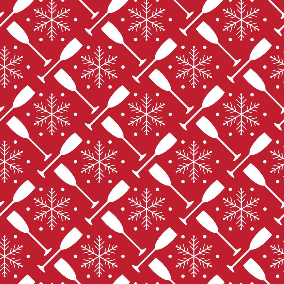Christmas and new year seamless pattern with champagne glasses and snowflakes on red background. vector