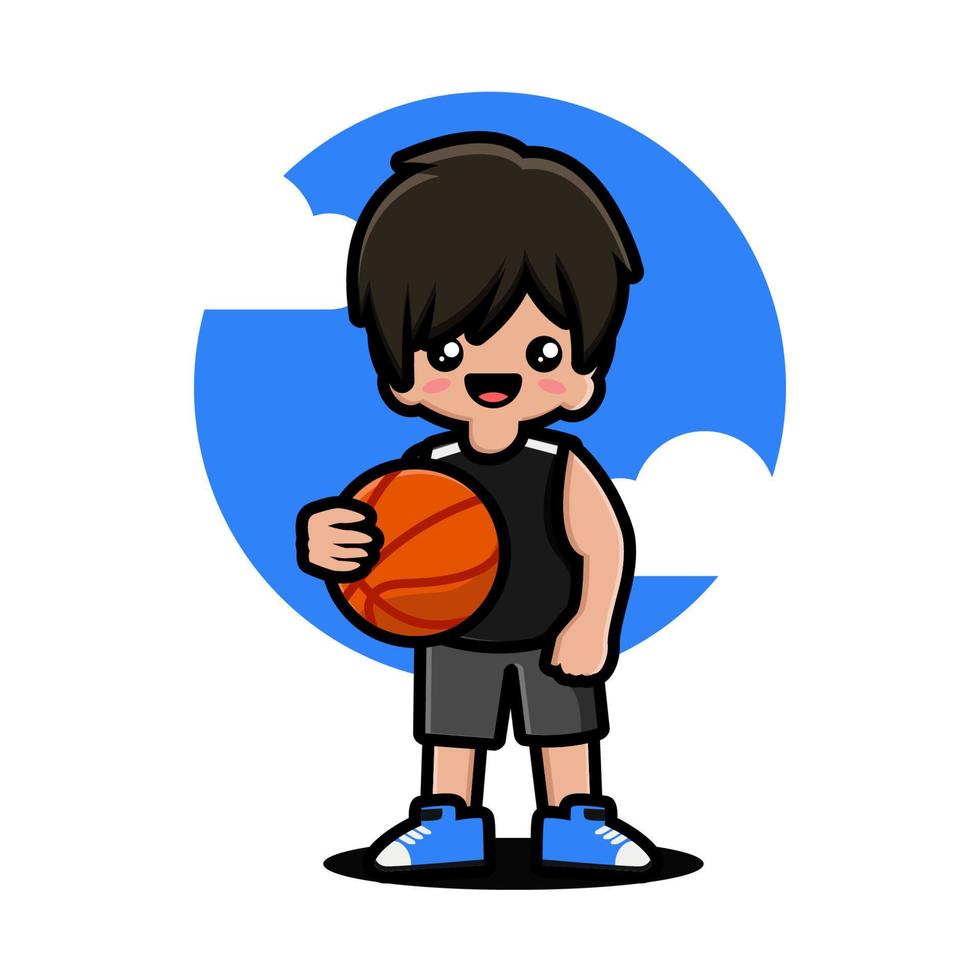 niño lindo feliz jugando baloncesto vector