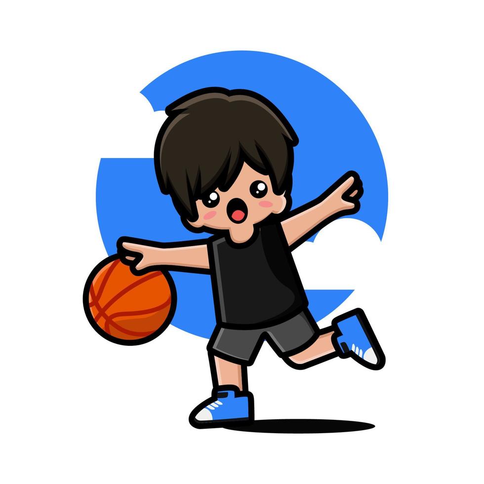 niño lindo feliz jugando baloncesto vector