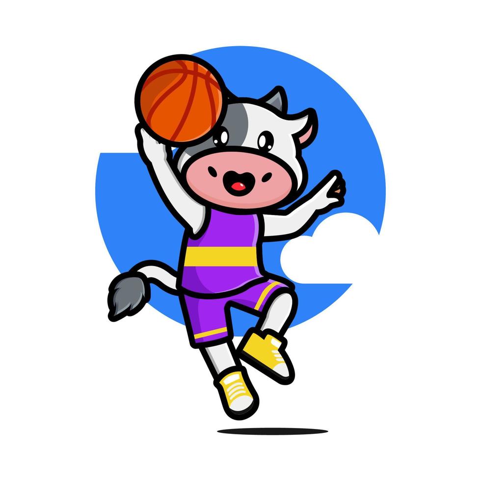 vaca linda feliz jugando baloncesto vector