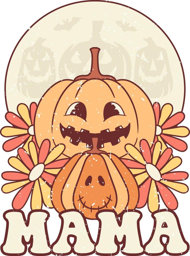 Mama Cute Pumpkin Halloween Design, Retro Halloween Poster. vector