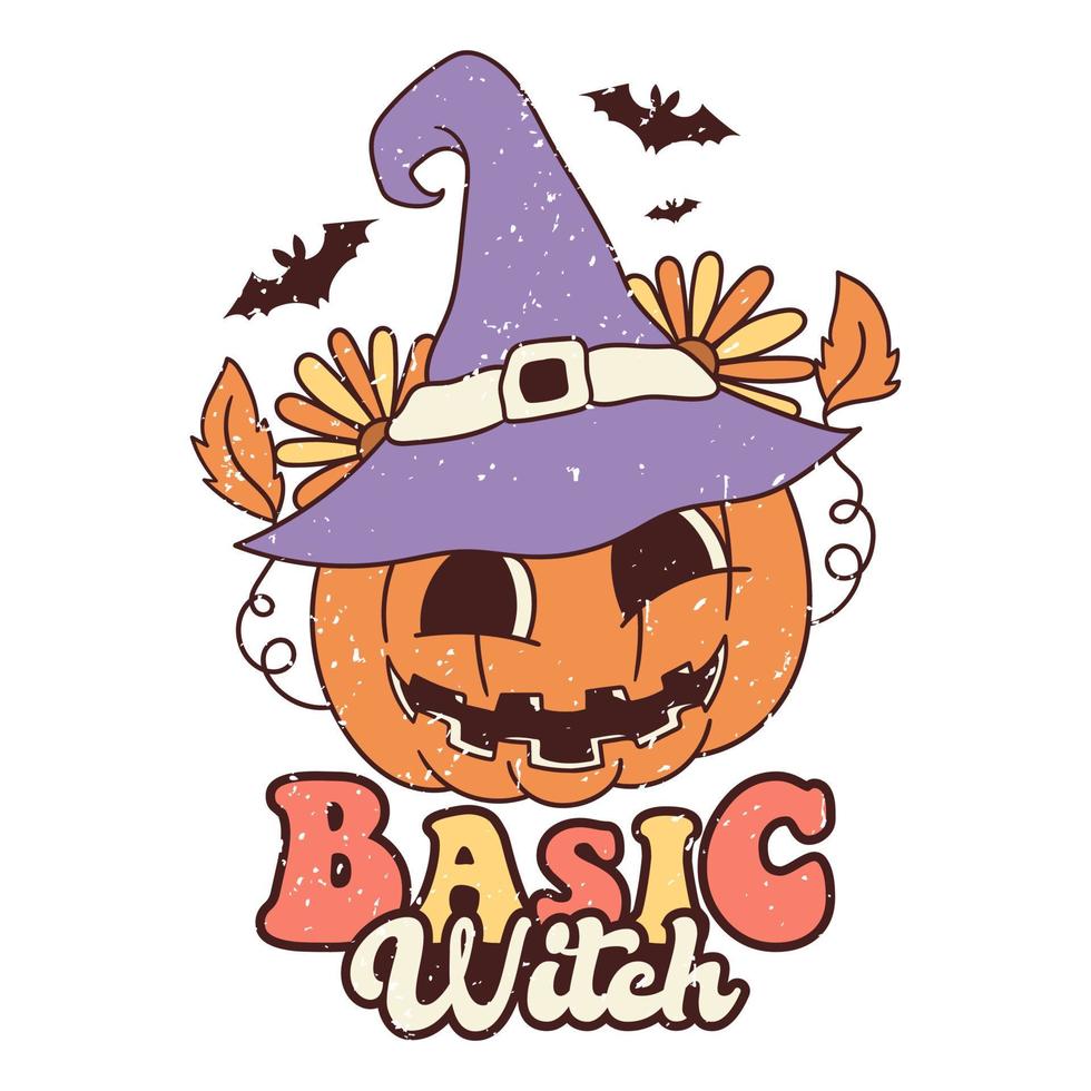 Basic Witch Pumpkin. Cute Retro Halloween Design, Retro Halloween Poster. vector