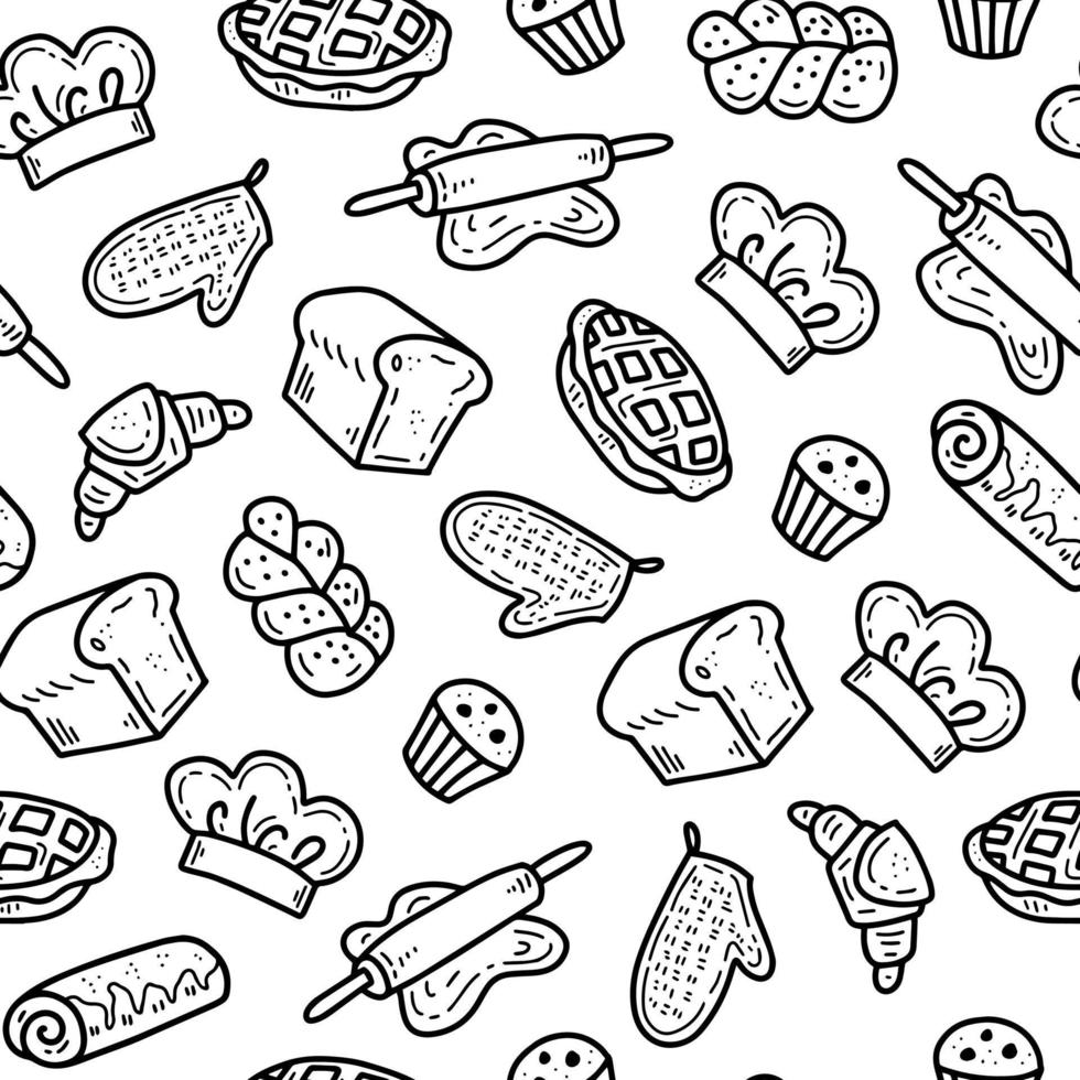 Doodle bakery food tools seamless pattern vector